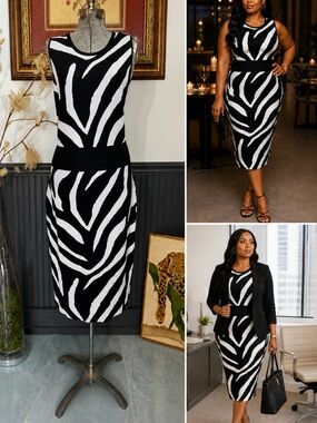Fashion to Figure Zebra Print Jacquard Knit Bodycon Dress Size 1 1X 14-16 💚🍄